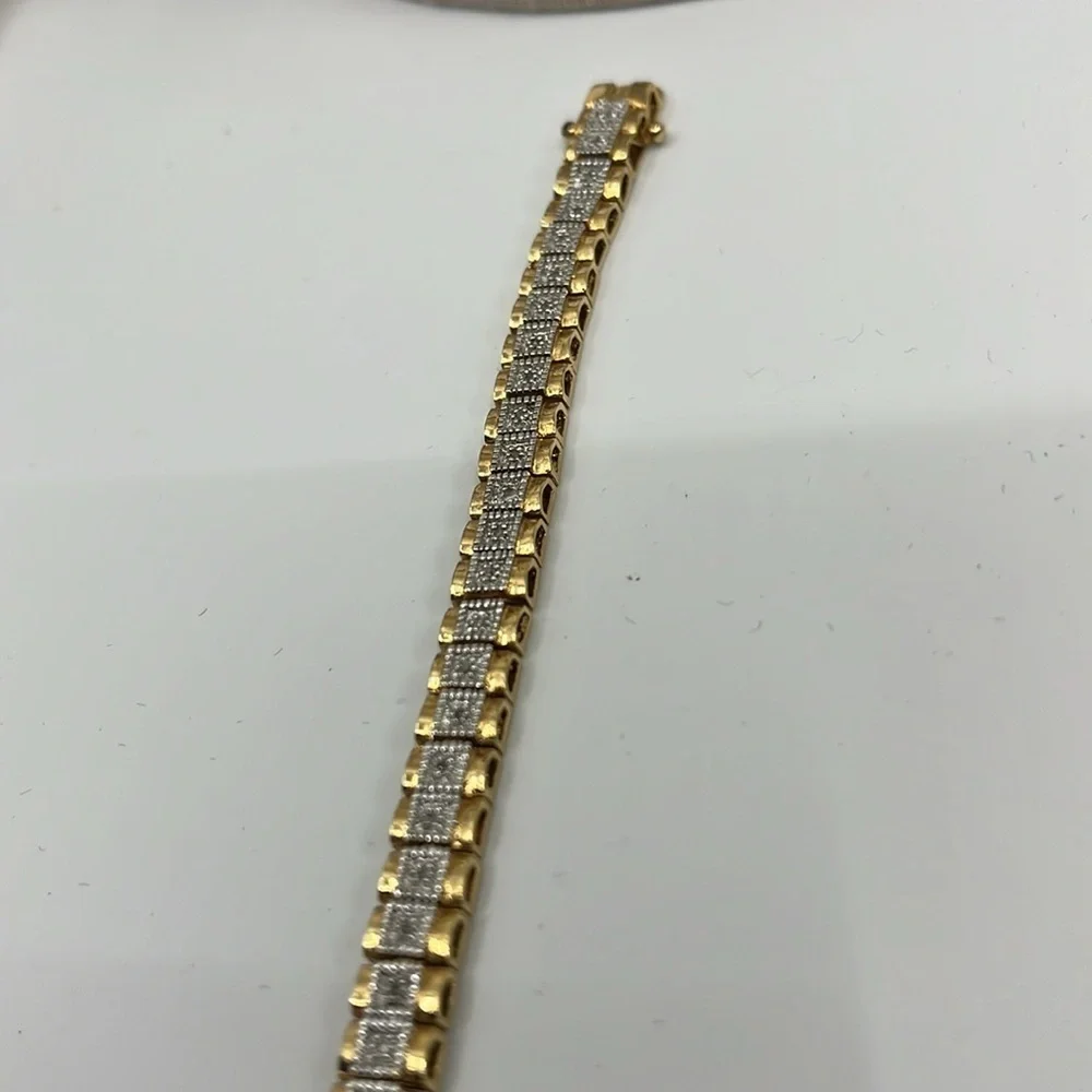 Authentic Sterling Silver Gold Etched Tennis Bracelet - 925 CISS - 8" - Picture 7 of 11